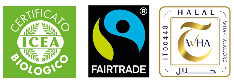 Machi delle certificazioni di qualità dell'azienda Francocaffe: Biologico, Fairtrade e Halal