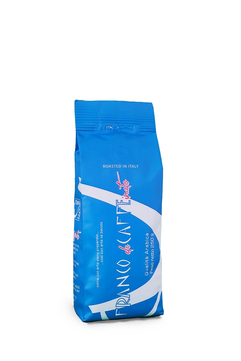 Sacchetto di caffè da 1 kg in grani blu e bianco, miscela Decaffeinato Francocaffe